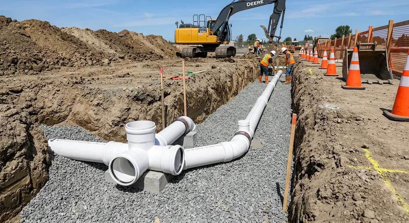 New PVC sewer pipe installation in open trench for Grease Trap Cleaning in High Springs