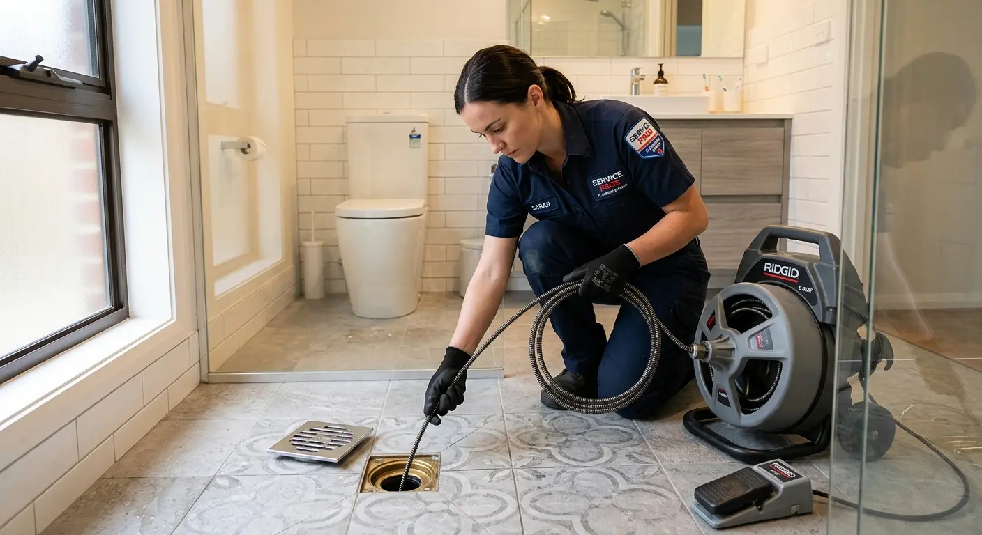 Technician clearing a bathroom floor drain for Sewer Line Replacement in High Springs